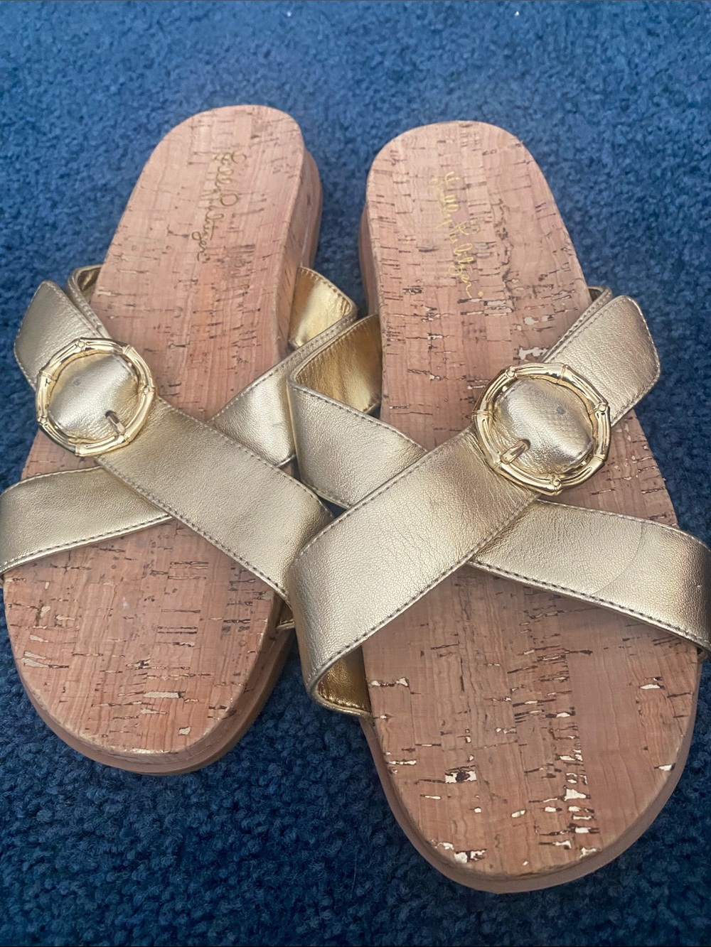 Lilly Pulitzer Metallic Gold Crisscross Cork Slide Sandals